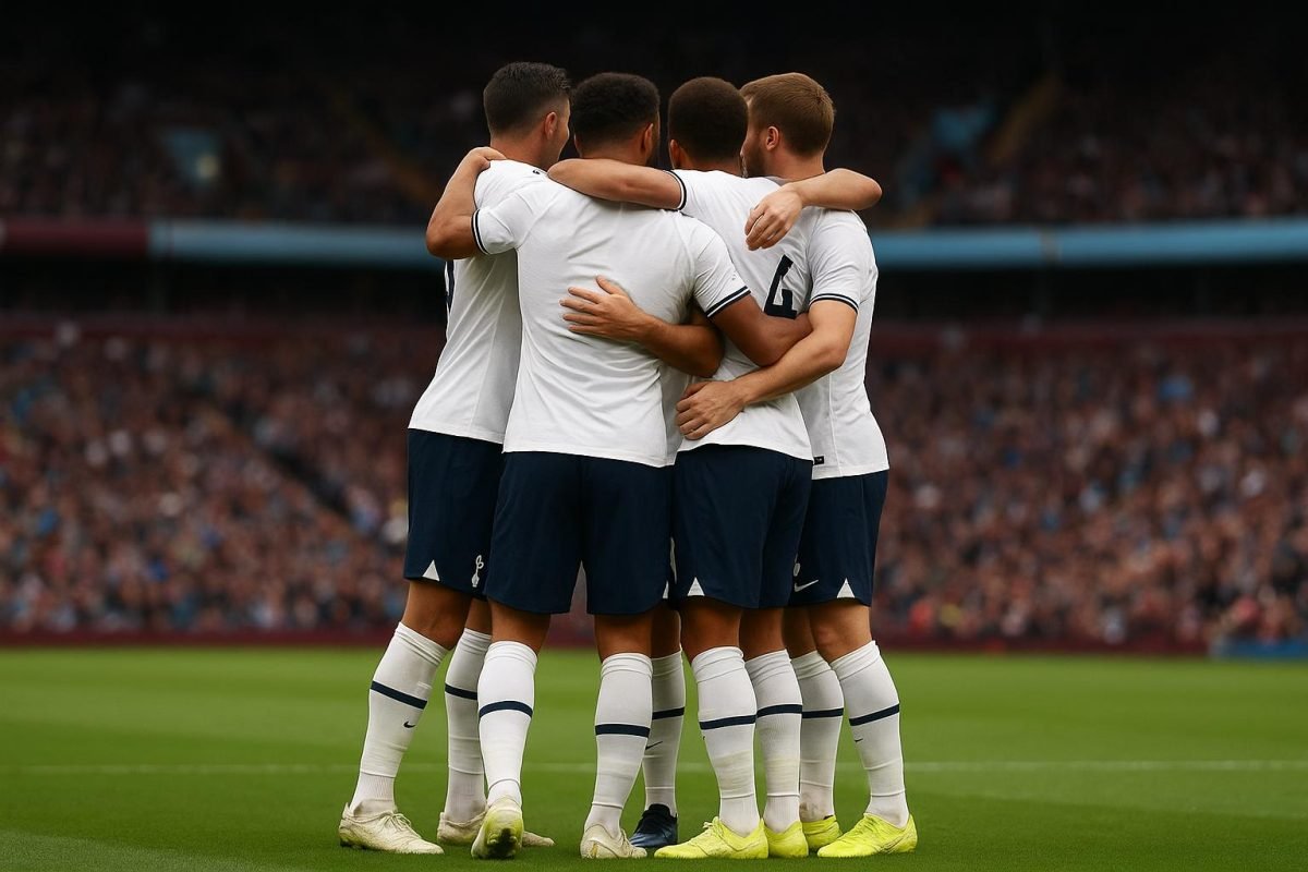 Spelers van Tottenham vieren een doelpunt op het veld van Aston Villa.