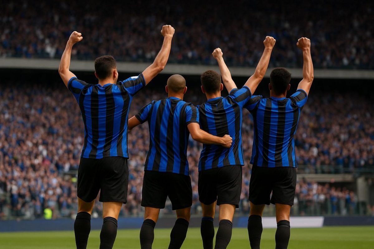 Spelers van Internazionale vieren de landstitel na de thuiszege tegen Parma.