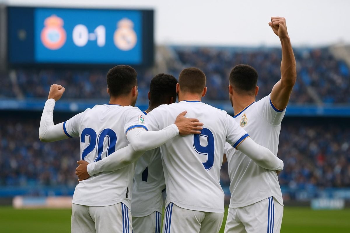 Real Madrid viert een doelpunt op het veld van Espanyol na de 0-2-zege
