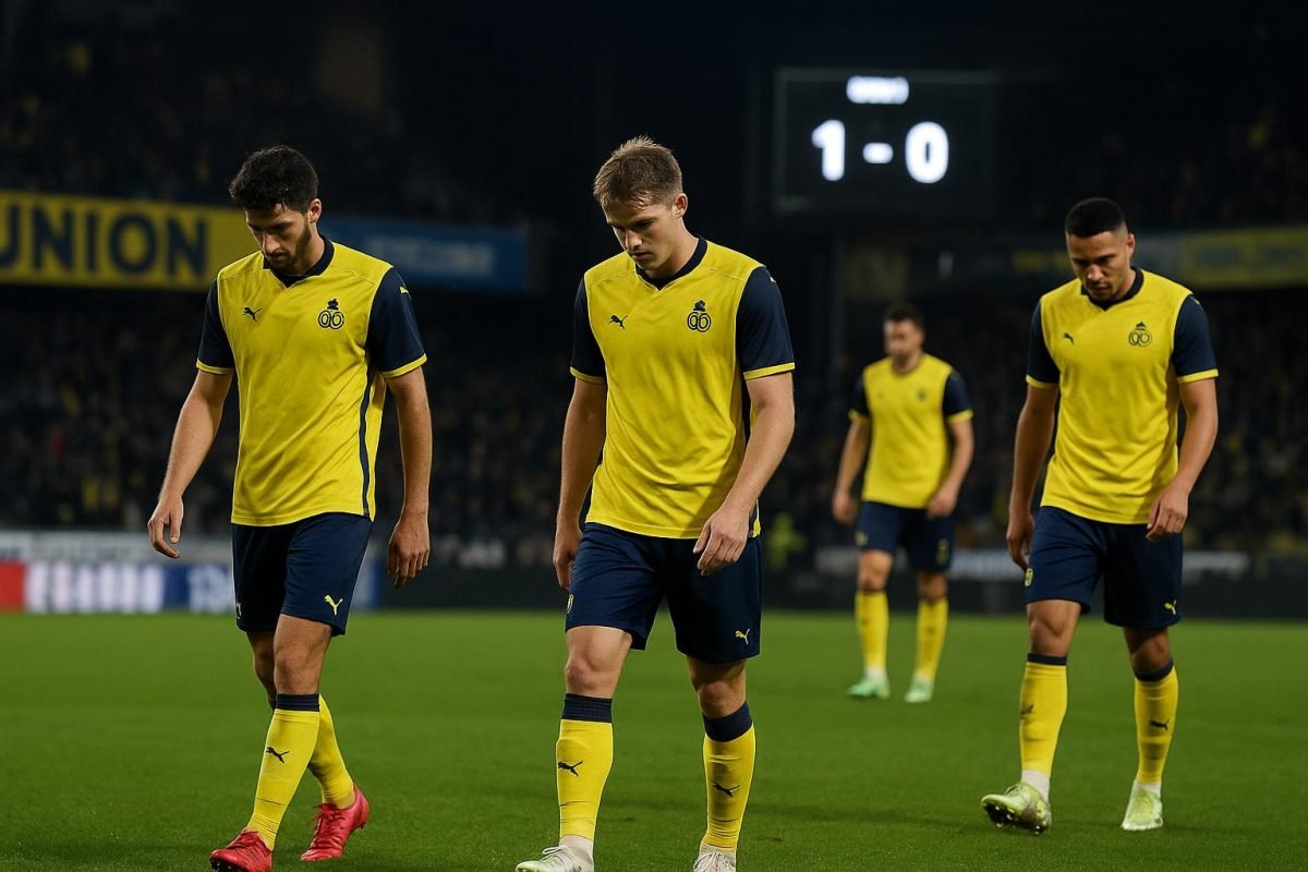 Spelers van Union SG verlaten het veld na de late nederlaag op STVV