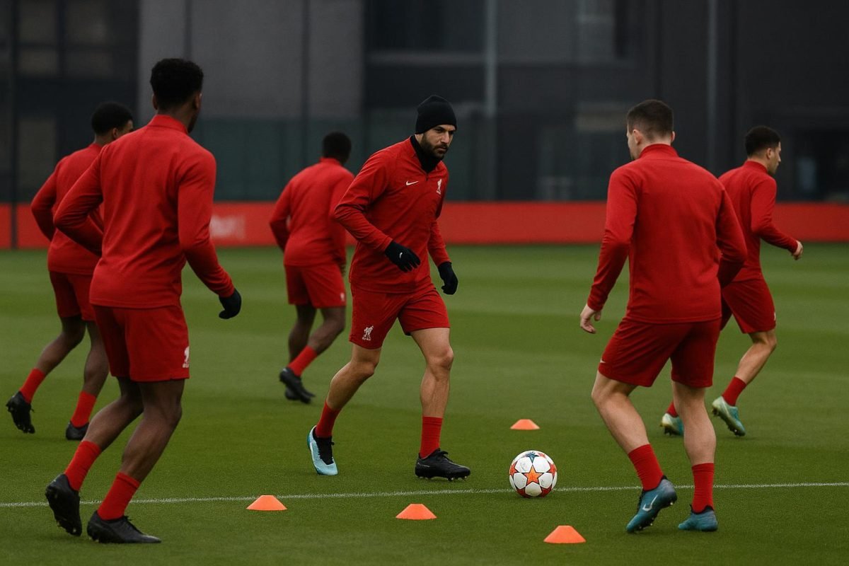Spelers van Liverpool op training, gezien vanop afstand zonder herkenbare gezichten
