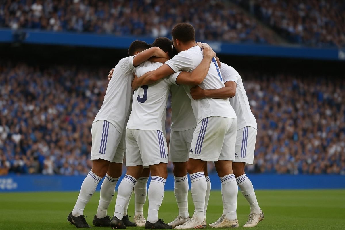 Real Madrid-spelers vieren de 0-2-zege op het veld van Espanyol.