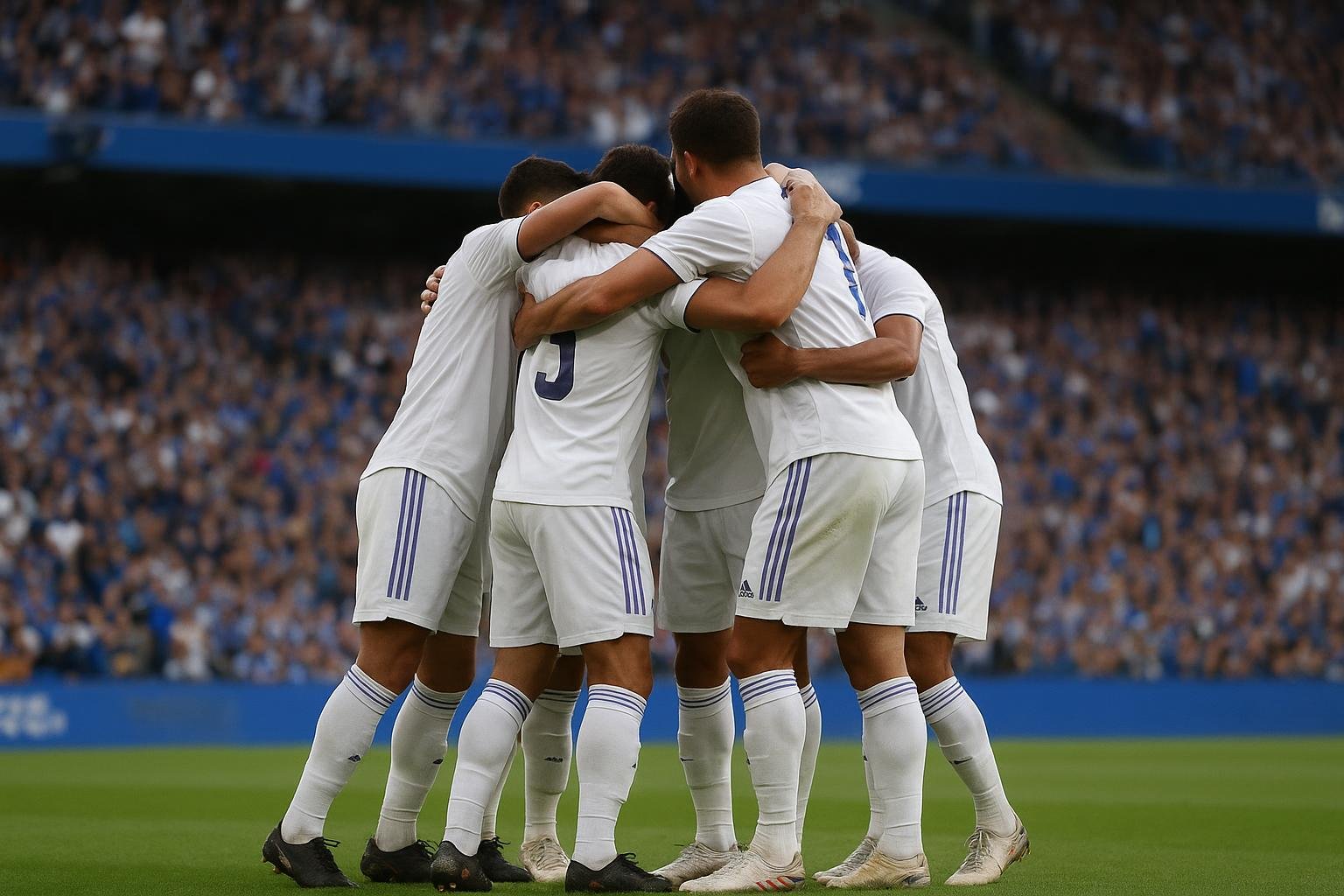 Real Madrid-spelers vieren de 0-2-zege op het veld van Espanyol.