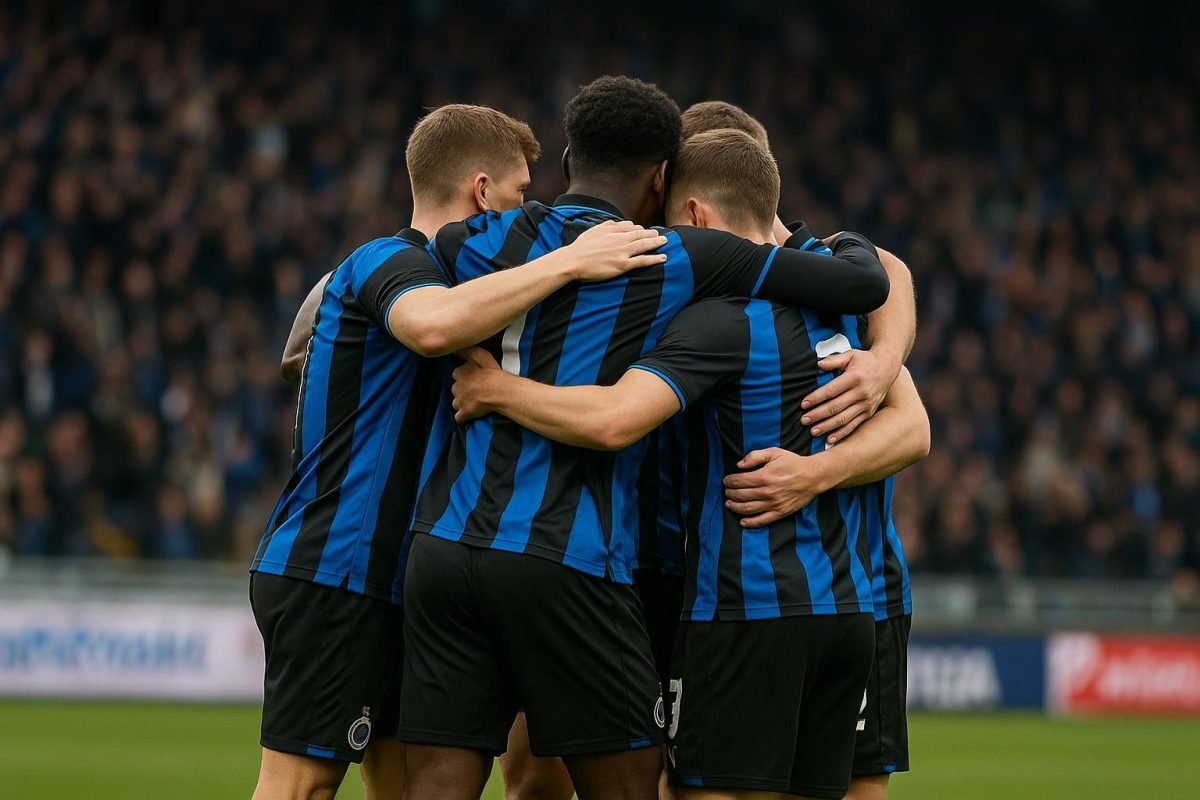 Spelers van Club Brugge vieren samen na een match in de Champions’ Play-Offs