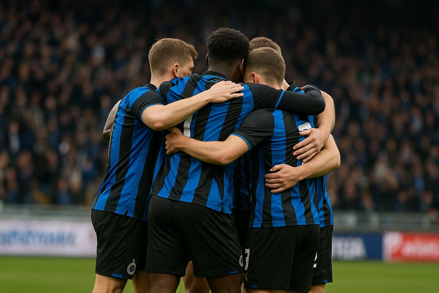 Spelers van Club Brugge vieren samen na een match in de Champions’ Play-Offs