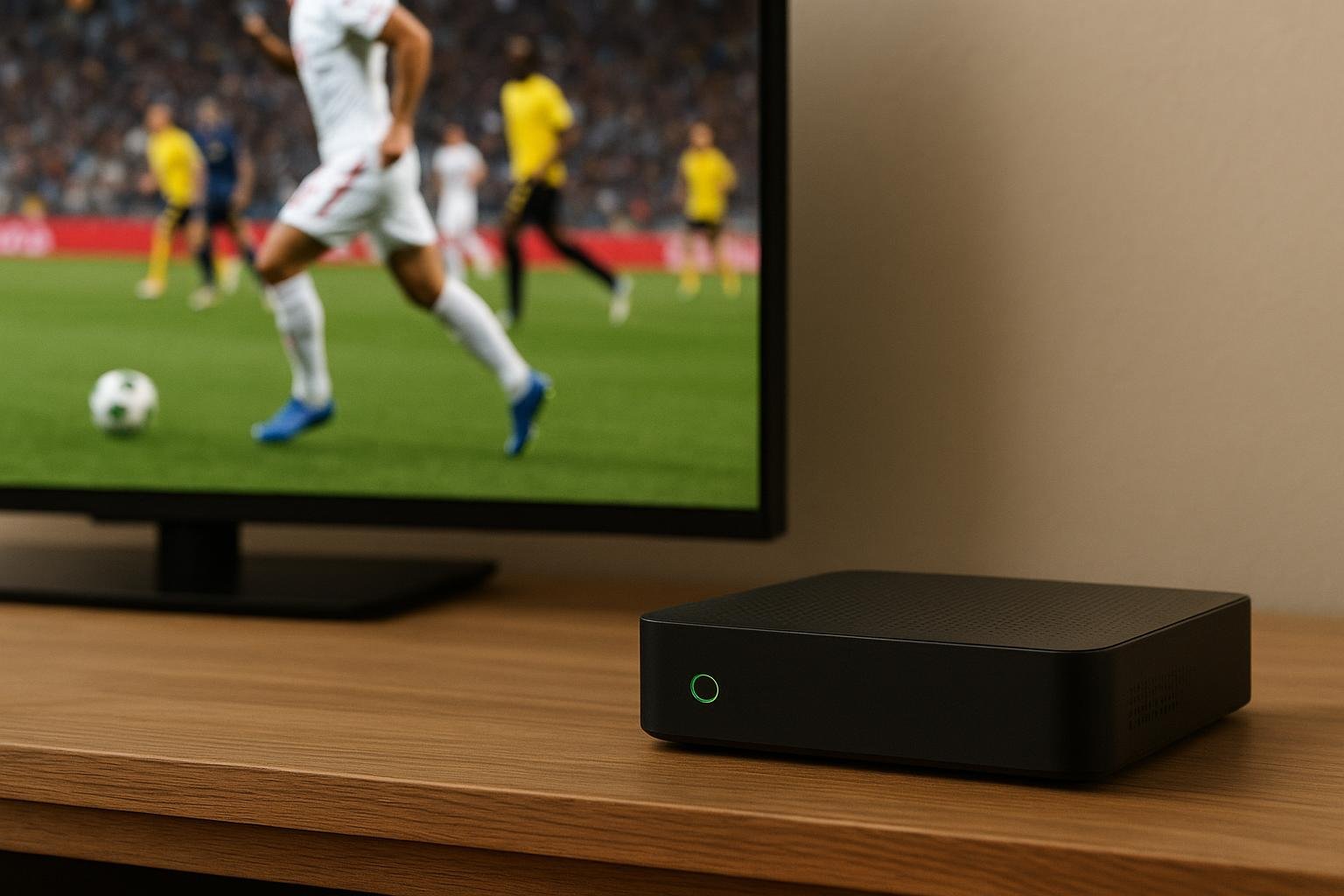 Telenet tv-box naast een televisie in een woonkamer, zonder herkenbare personen