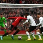Sfeerbeeld van Manchester United tegen Liverpool met focus op het doelgebied