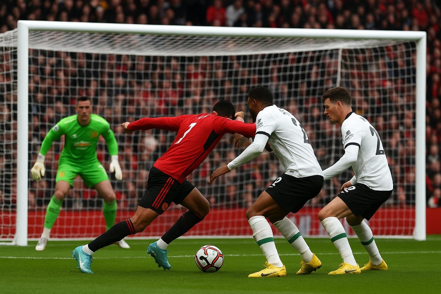 Sfeerbeeld van Manchester United tegen Liverpool met focus op het doelgebied