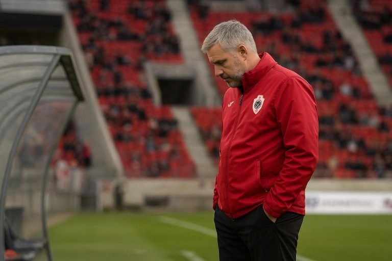 Joseph Oosting langs de zijlijn bij Royal Antwerp FC tijdens een wedstrijd