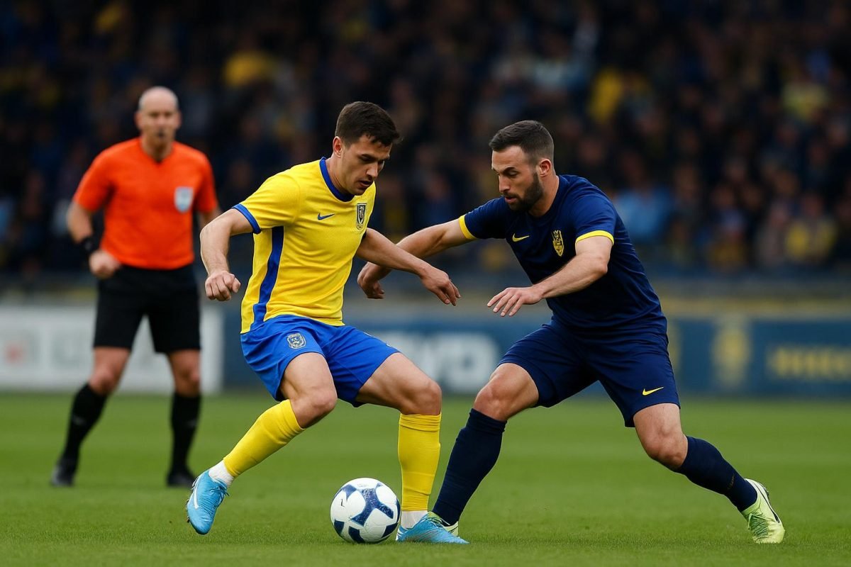 Spelmoment in STVV tegen Union SG op Stayen tijdens de Champions' Play-Off