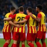 Spelers van KV Mechelen vieren een goal tijdens een match in de Champions’ Play-Offs.
