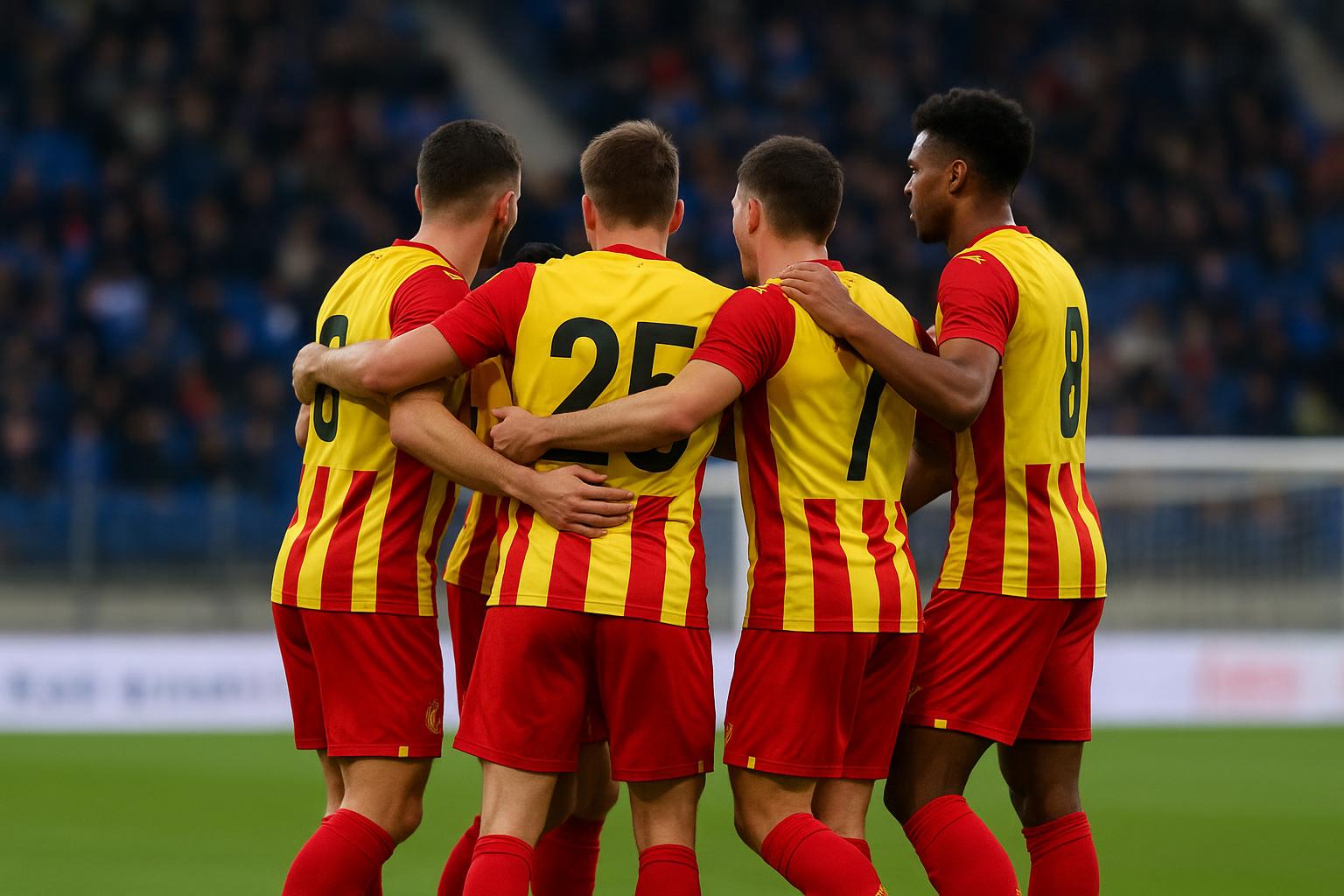 Spelers van KV Mechelen vieren een goal tijdens een match in de Champions’ Play-Offs.