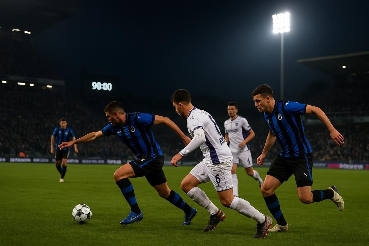 Spelers van Club Brugge vieren een moment tijdens de uitmatch tegen RSC Anderlecht.