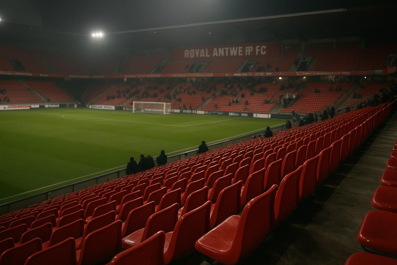 Sfeerbeeld in het Bosuilstadion bij Royal Antwerp FC zonder herkenbare supportersgezichten