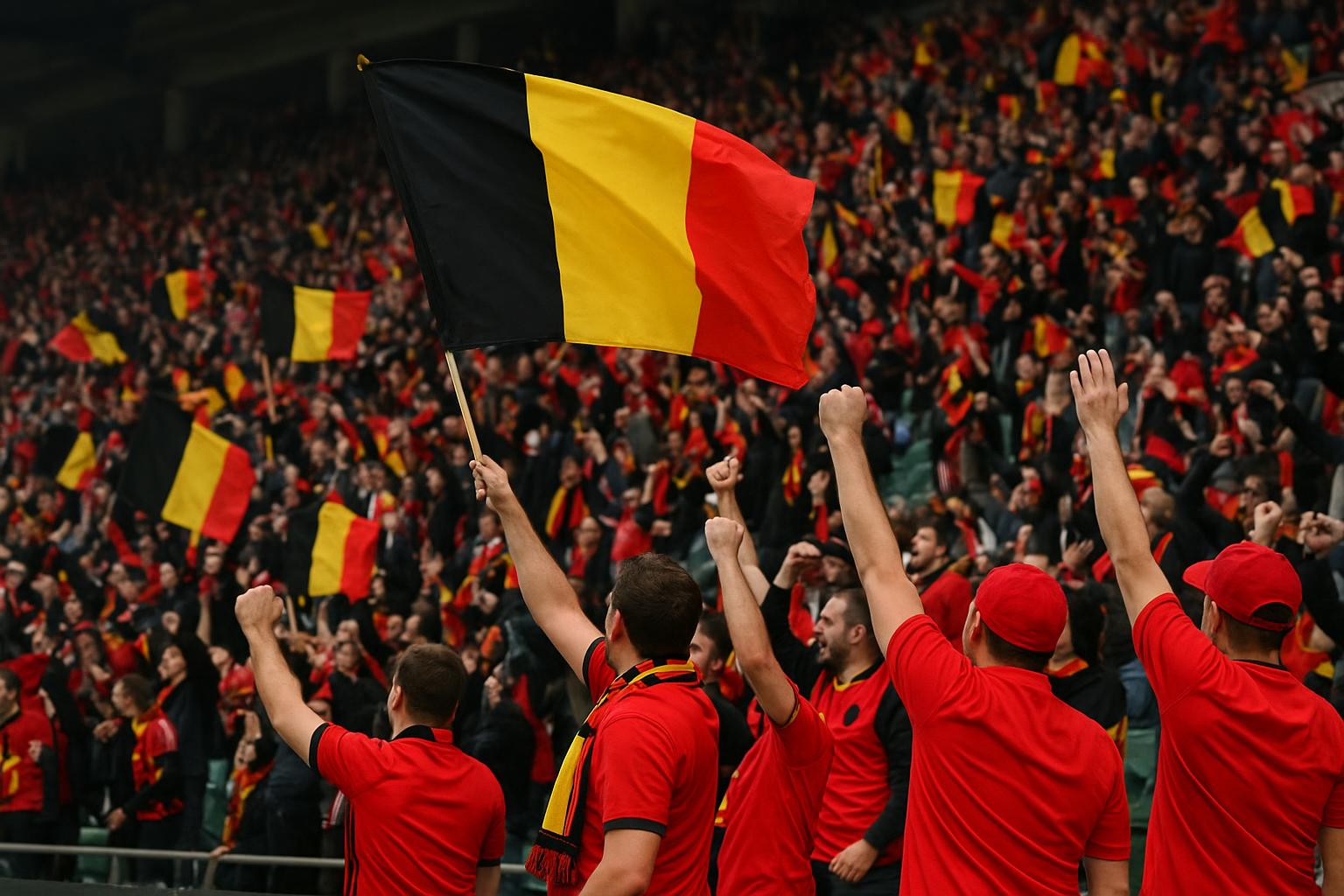 Supporters van de Rode Duivels met Belgische vlaggen tijdens een sfeermoment