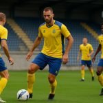 Sfeerbeeld in het Freethielstadion bij SK Beveren met spelers op het veld