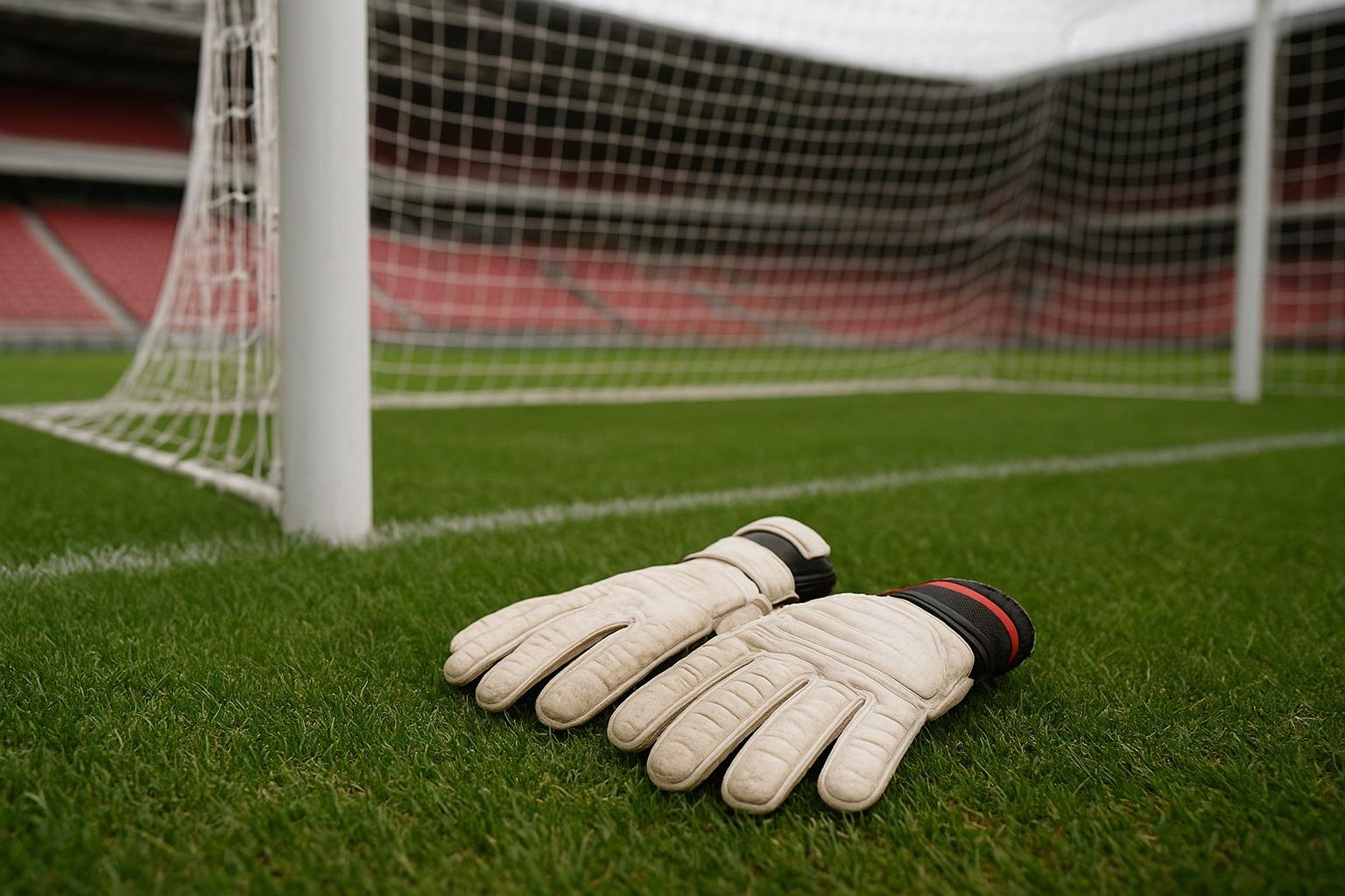 Doelmanstraining bij Manchester United met keepershandschoenen en netten op de achtergrond