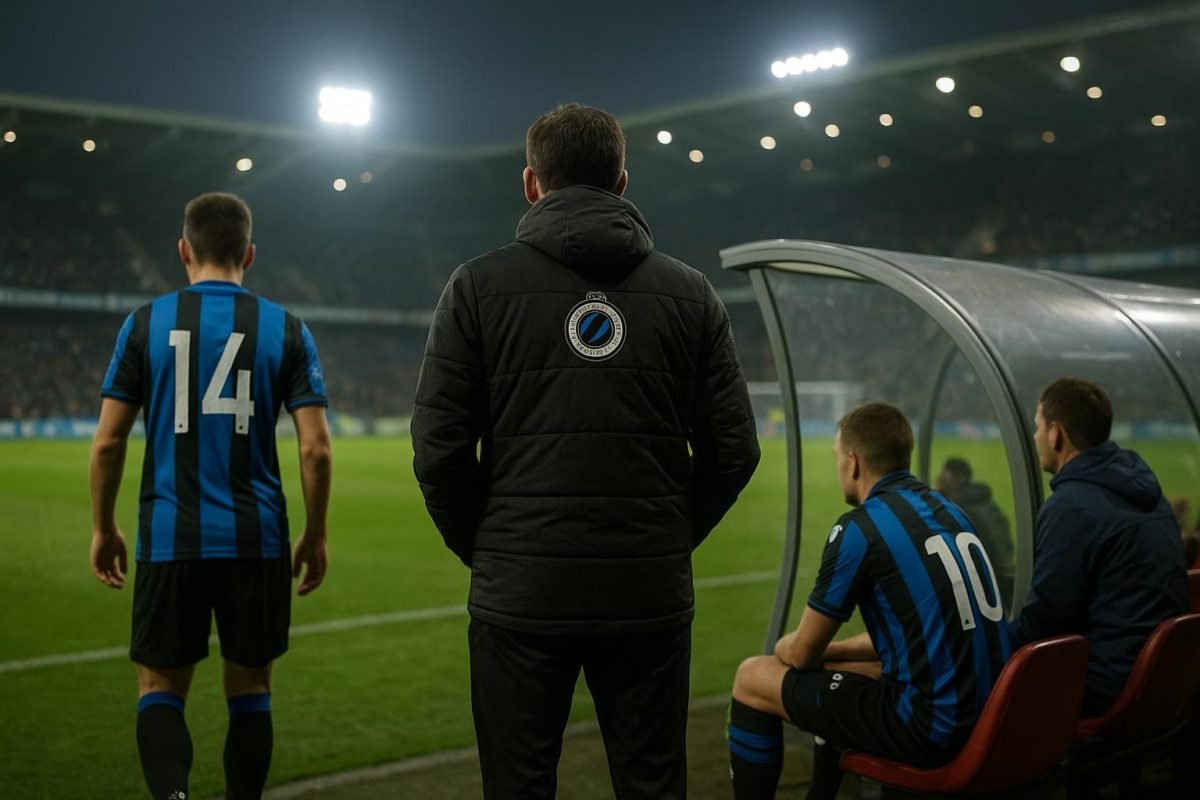 Sfeerbeeld rond Club Brugge met spelers langs de zijlijn tijdens een play-offwedstrijd