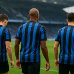 Sfeerbeeld van Club Brugge met spelers die een doelpunt vieren in het stadion