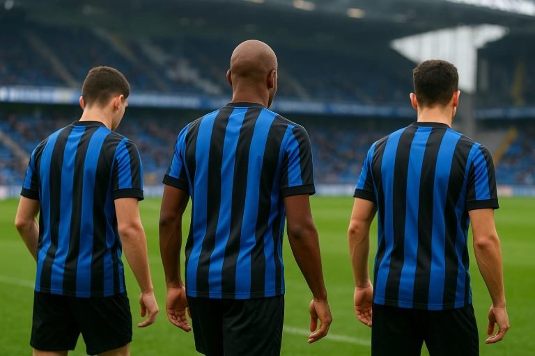 Sfeerbeeld van Club Brugge met spelers die een doelpunt vieren in het stadion