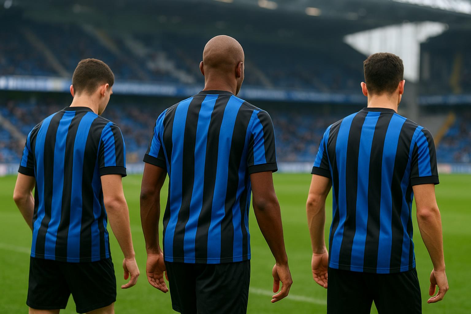 Sfeerbeeld van Club Brugge met spelers die een doelpunt vieren in het stadion