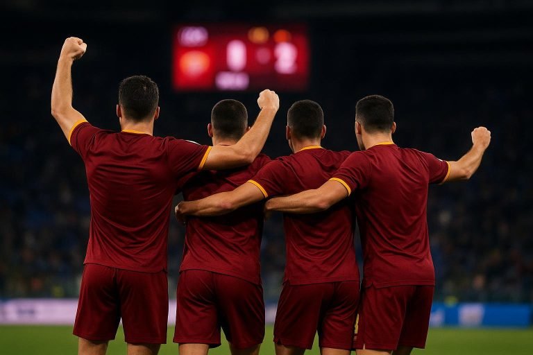 Spelers van AS Roma vieren een doelpunt in de ruime zege tegen Fiorentina in het Stadio Olimpico.