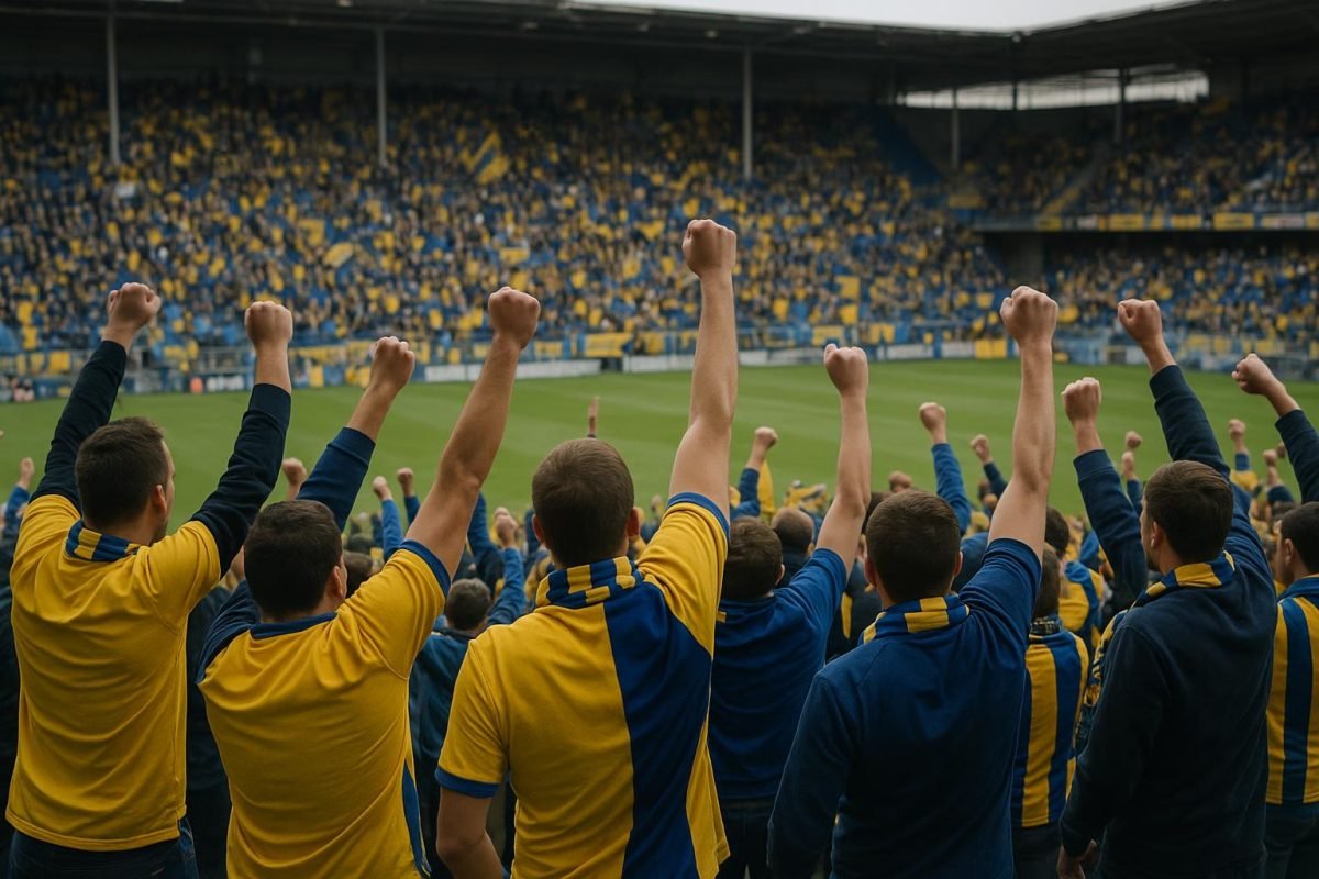 Supporters van SK Beveren in de tribune van het Freethiel tijdens een wedstrijd