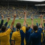 Supporters van SK Beveren in de tribune van het Freethiel tijdens een wedstrijd