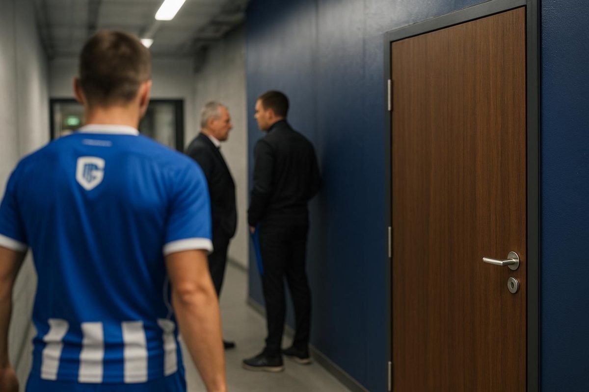 Sfeervol beeld rond KRC Genk na een wedstrijd, met focus op spanning en interne druk