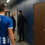 Sfeervol beeld rond KRC Genk na een wedstrijd, met focus op spanning en interne druk