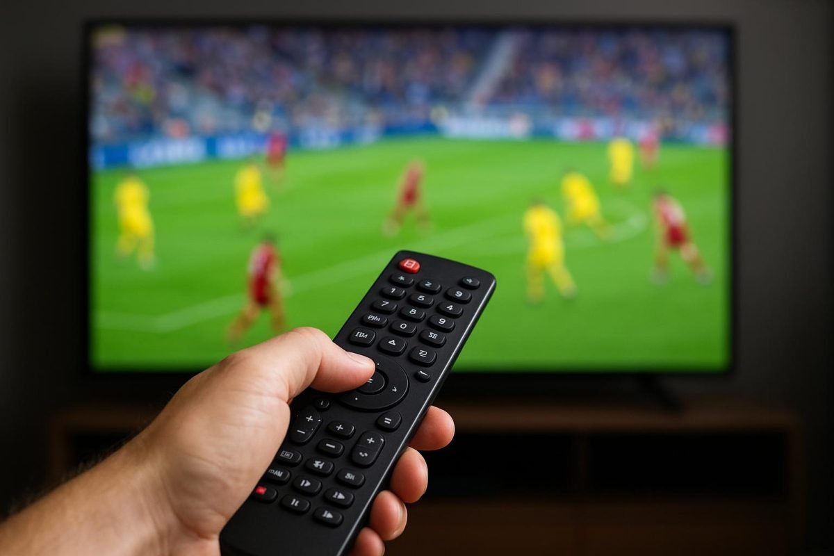 Sfeerbeeld van een tv-scherm met voetbaluitzending in een woonkamer, zonder herkenbare gezichten