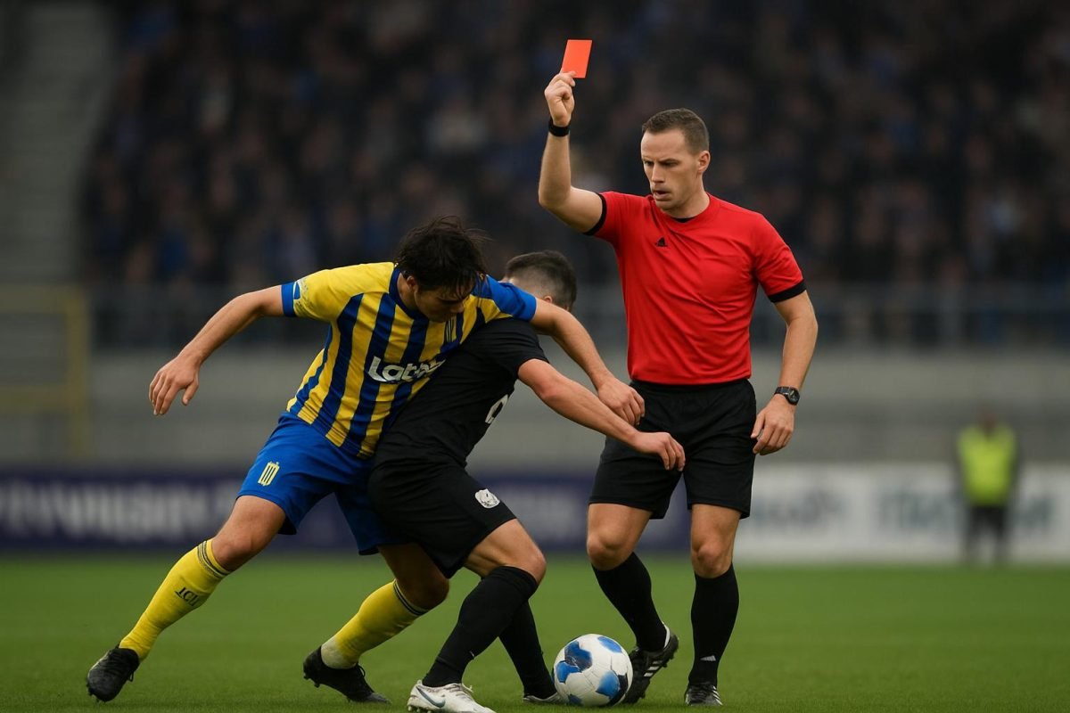 Spelmoment in STVV-Union met discussies rond een rode kaart