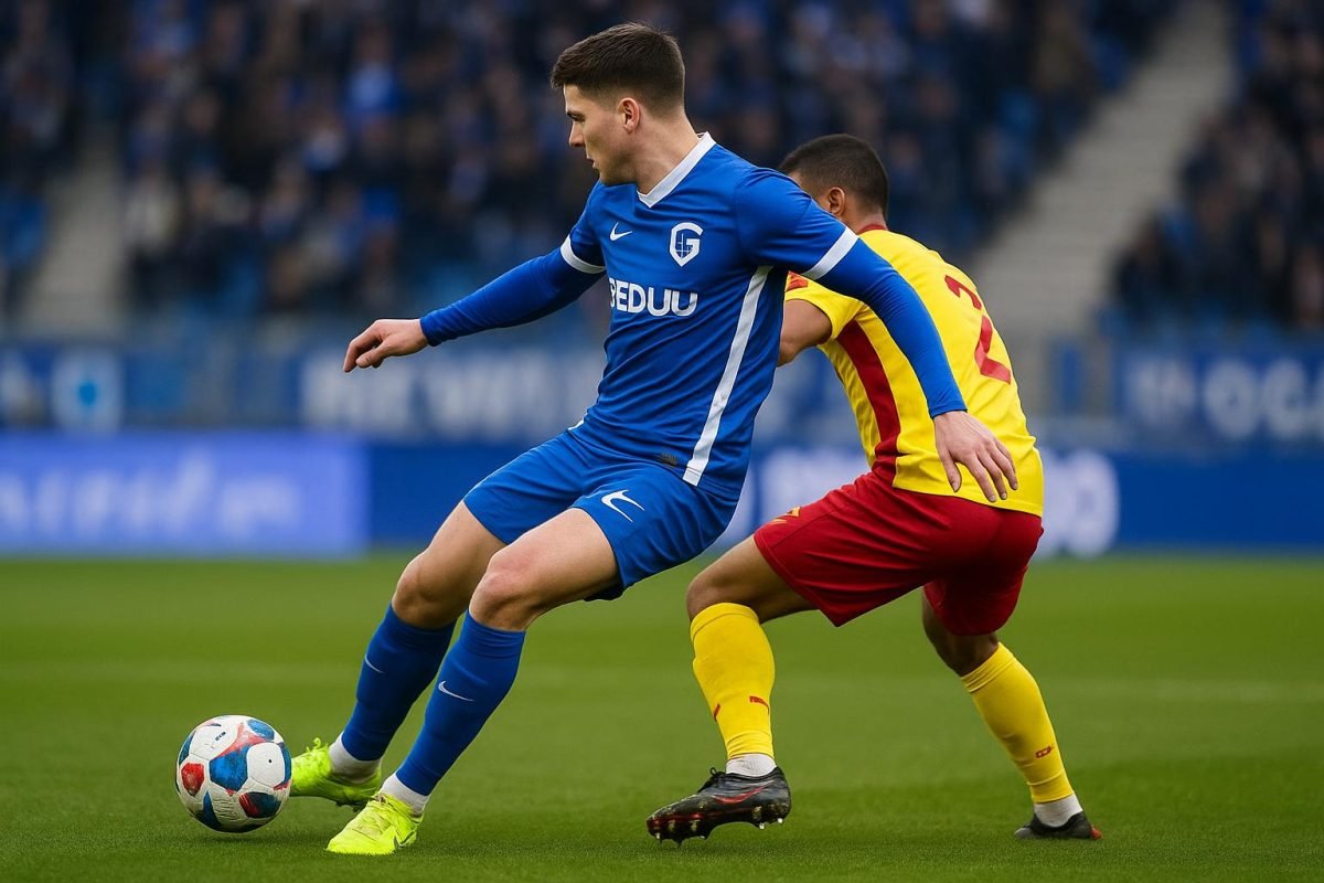 Zakaria El Ouahdi van KRC Genk in duel tijdens een wedstrijd