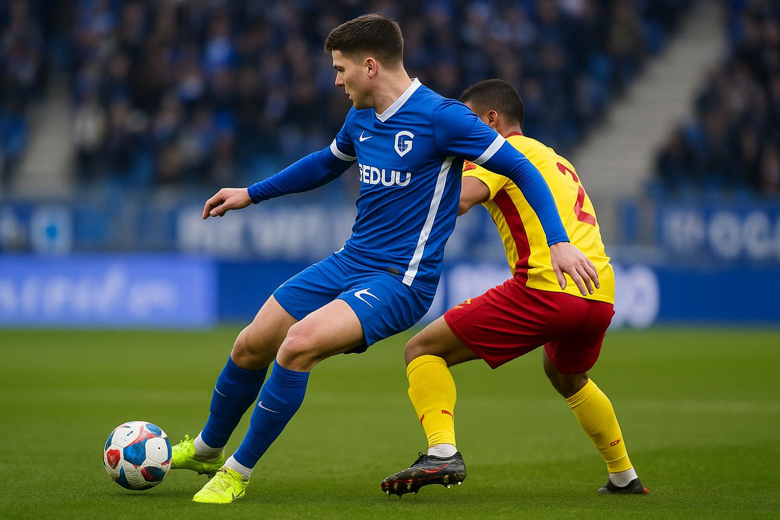 Zakaria El Ouahdi van KRC Genk in duel tijdens een wedstrijd