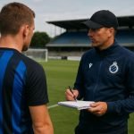 Dévy Rigaux van Club Brugge in een moment van overleg naast het trainingsveld
