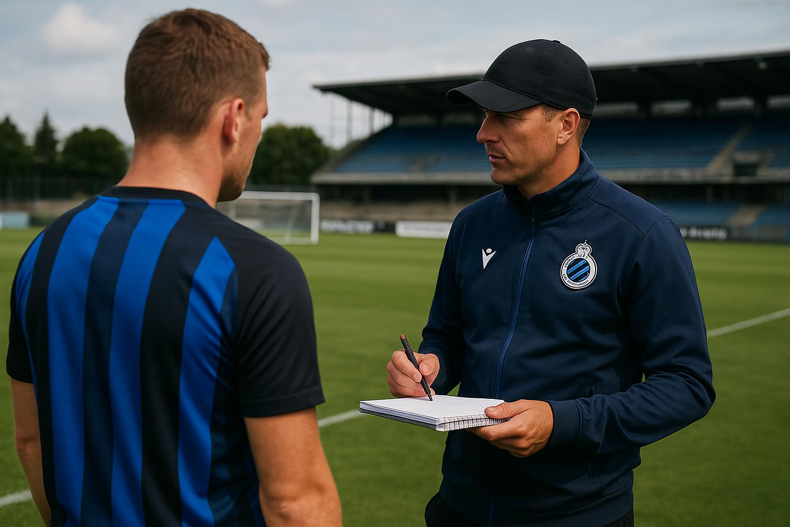 Dรฉvy Rigaux van Club Brugge in een moment van overleg naast het trainingsveld