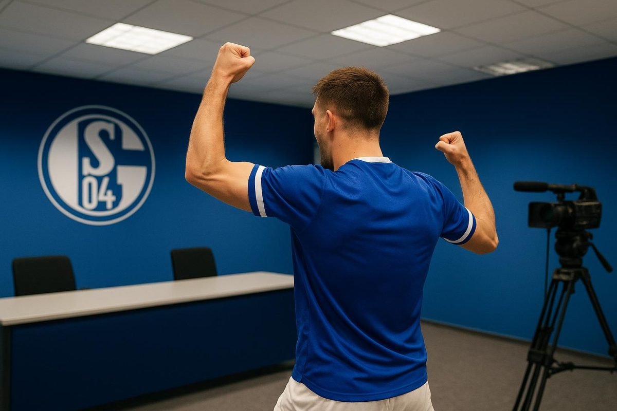 Youri Mulder van Schalke 04 na de promotie, in een clubomgeving zonder herkenbare gezichten