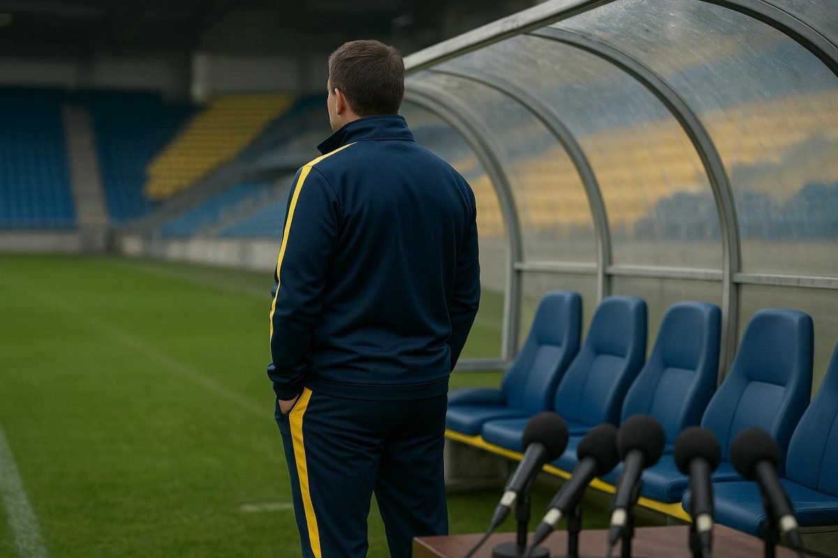 Ronny Deila langs de zijlijn tijdens een wedstrijd, met stadion op de achtergrond