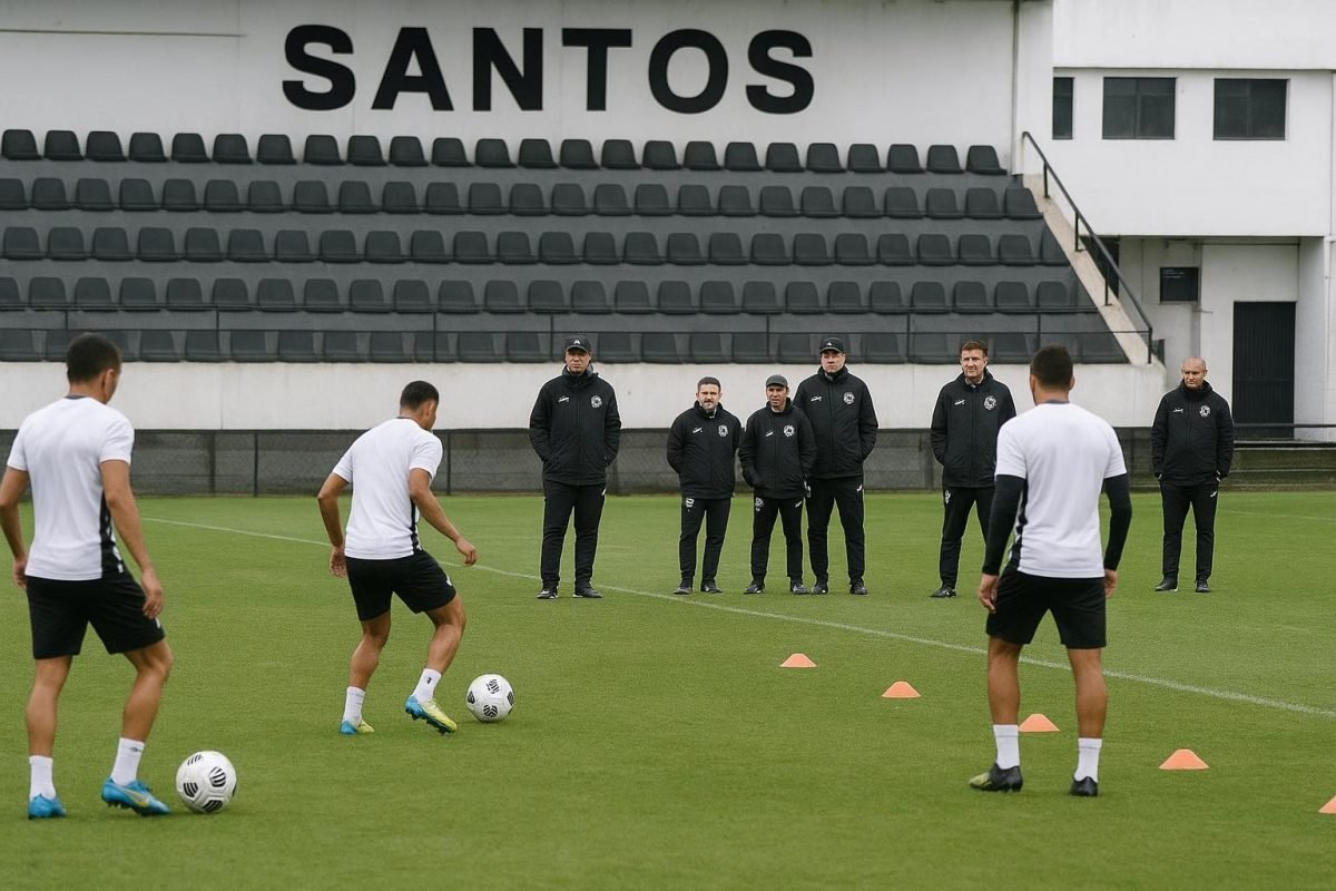 Sfeerbeeld aan het trainingscomplex van Santos tijdens commotie rond een incident op training