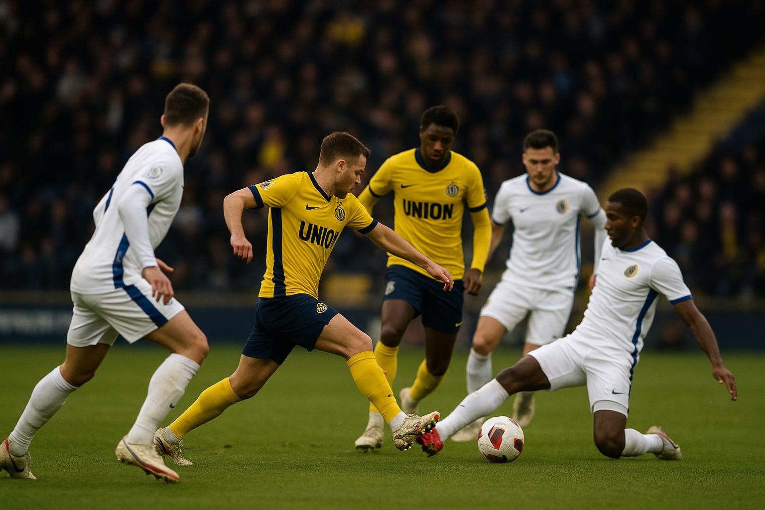 Spelmoment van Union SG in een stadionomgeving zonder herkenbare gezichten