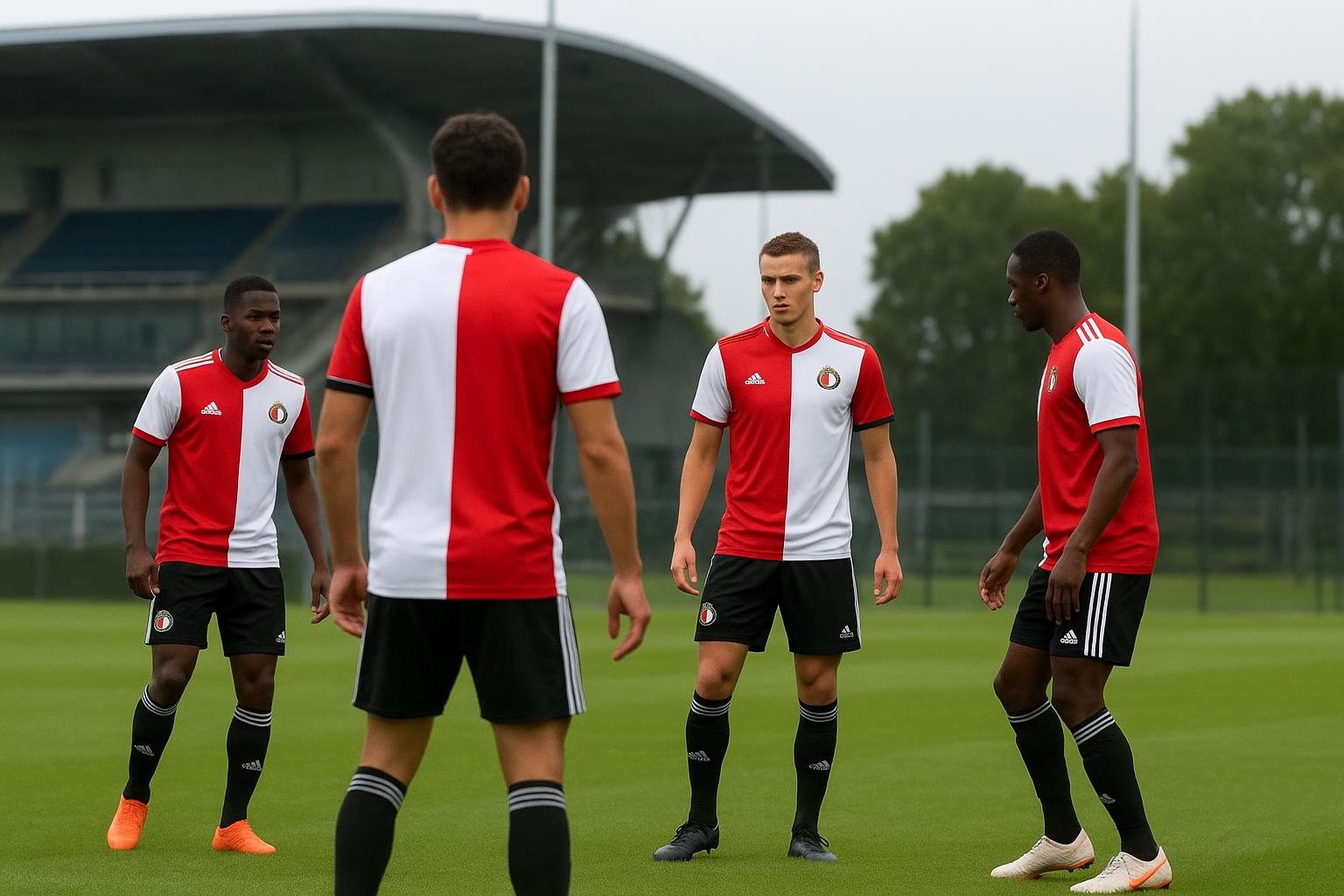 Beeld van een speler in Feyenoord-trainingsoutfit op het oefenveld, met focus op transfersfeer zonder herkenbare gezichten.