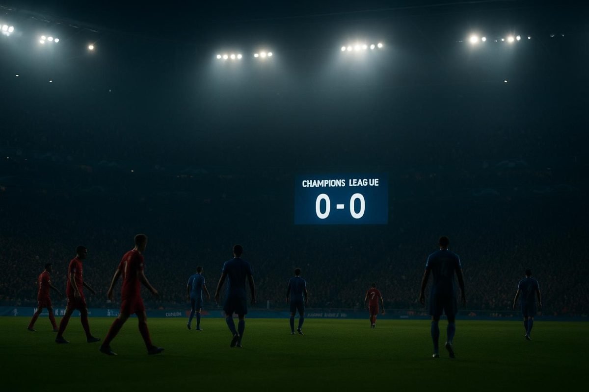 Sfeerbeeld uit een Champions’ Play-offs-wedstrijd met de focus op spanning in de titelstrijd zonder herkenbare gezichten.