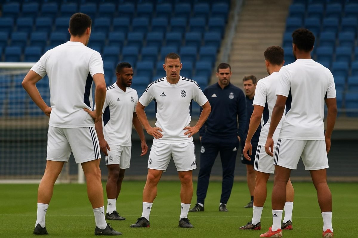 Spelers van Real Madrid op training in een gespannen sfeer, zonder herkenbare gezichten