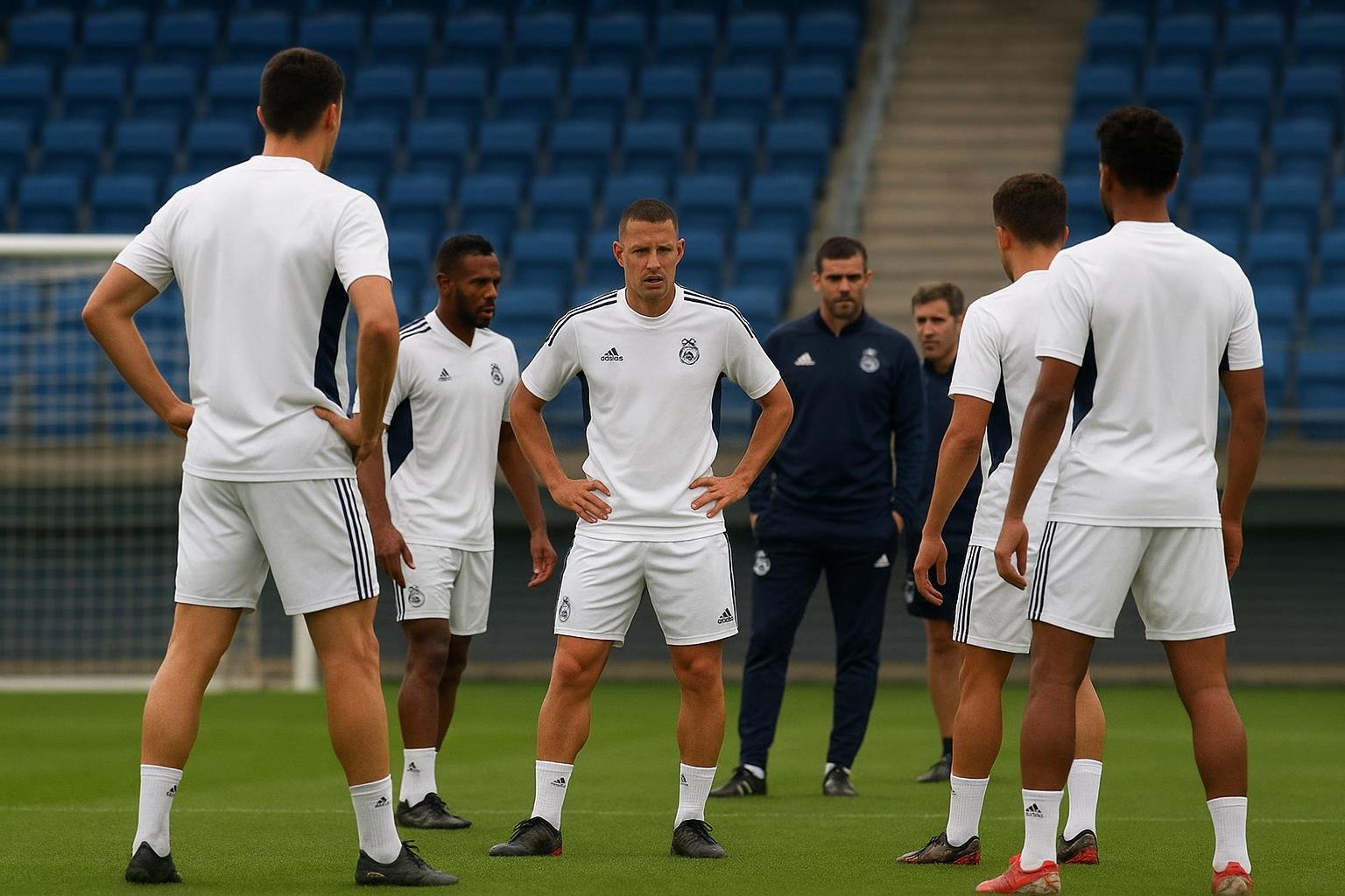 Spelers van Real Madrid op training in een gespannen sfeer, zonder herkenbare gezichten