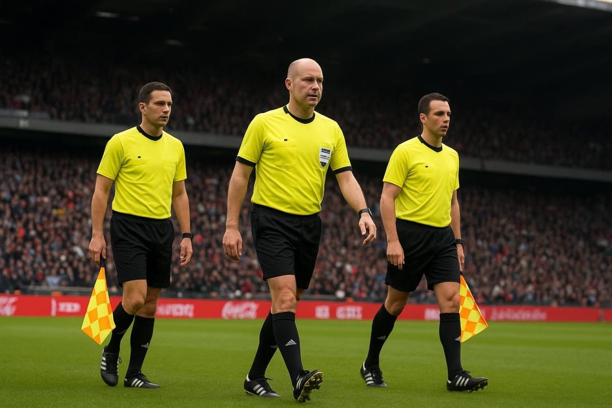 Arbitrage in het Koning Boudewijnstadion tijdens een bekerfinale met scheidsrechter en assistenten op het veld