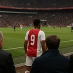 Sfeerbeeld in een stadion met spelers van Ajax op het veld en toeschouwers op de tribune