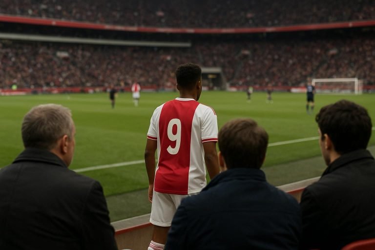 Sfeerbeeld in een stadion met spelers van Ajax op het veld en toeschouwers op de tribune