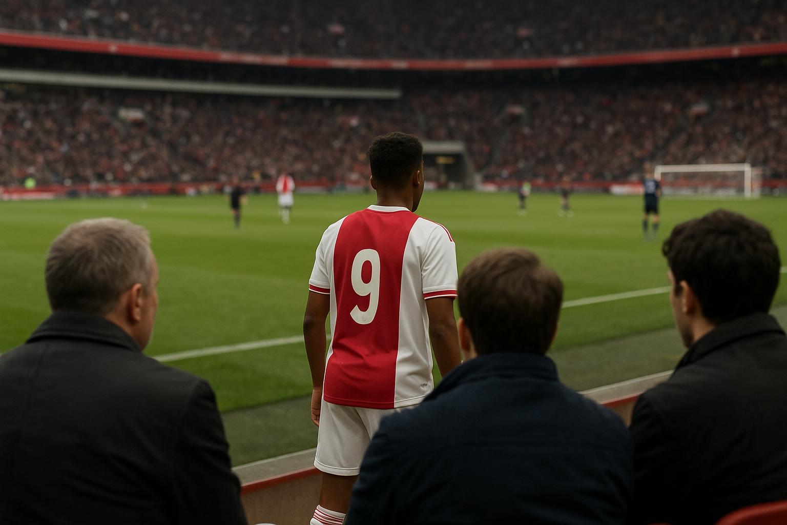 Sfeerbeeld in een stadion met spelers van Ajax op het veld en toeschouwers op de tribune