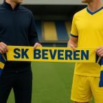 Sfeerbeeld in het Freethielstadion bij SK Beveren, in geel-blauwe clubkleuren