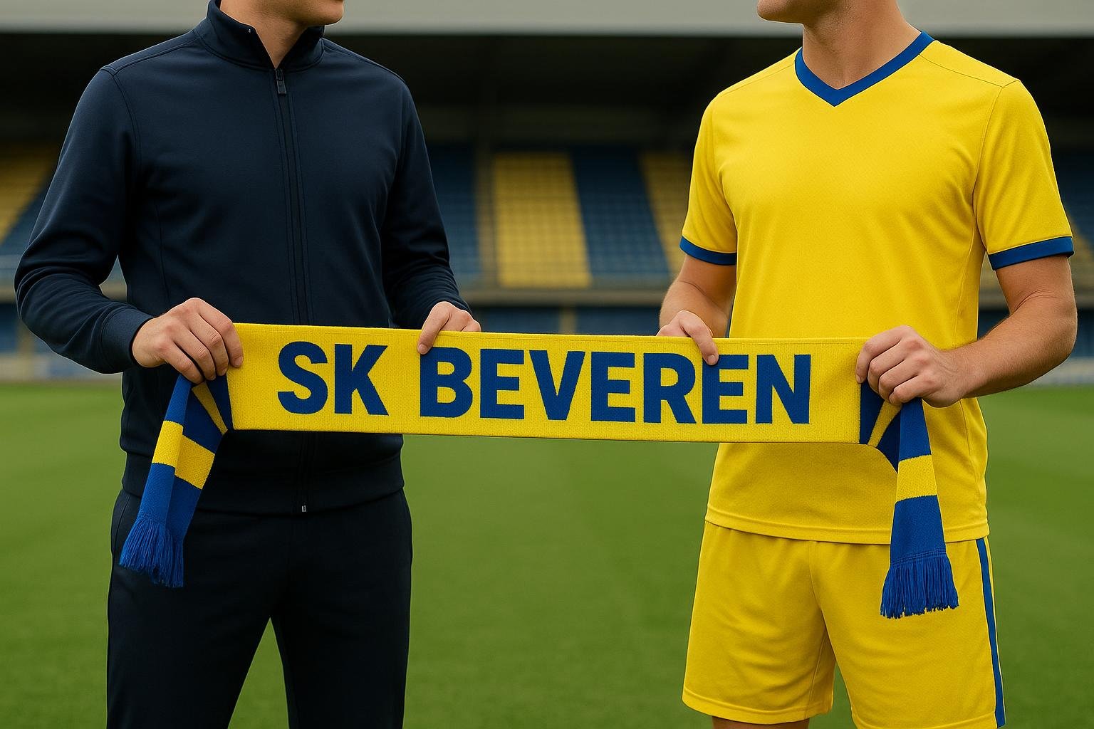 Sfeerbeeld in het Freethielstadion bij SK Beveren, in geel-blauwe clubkleuren